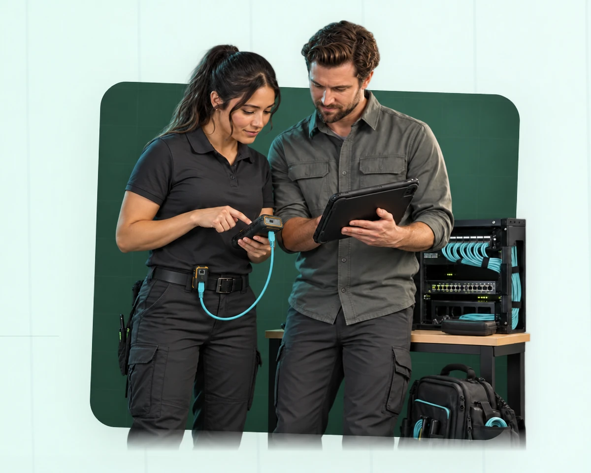 Illustration of two field technicians troubleshooting an Ethernet network together with a cable tester and tablet